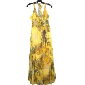 NWT VASNA DESIRE Yellow LINED CHIFFON Smock Waist TIERED HALTER DRESS Sz M